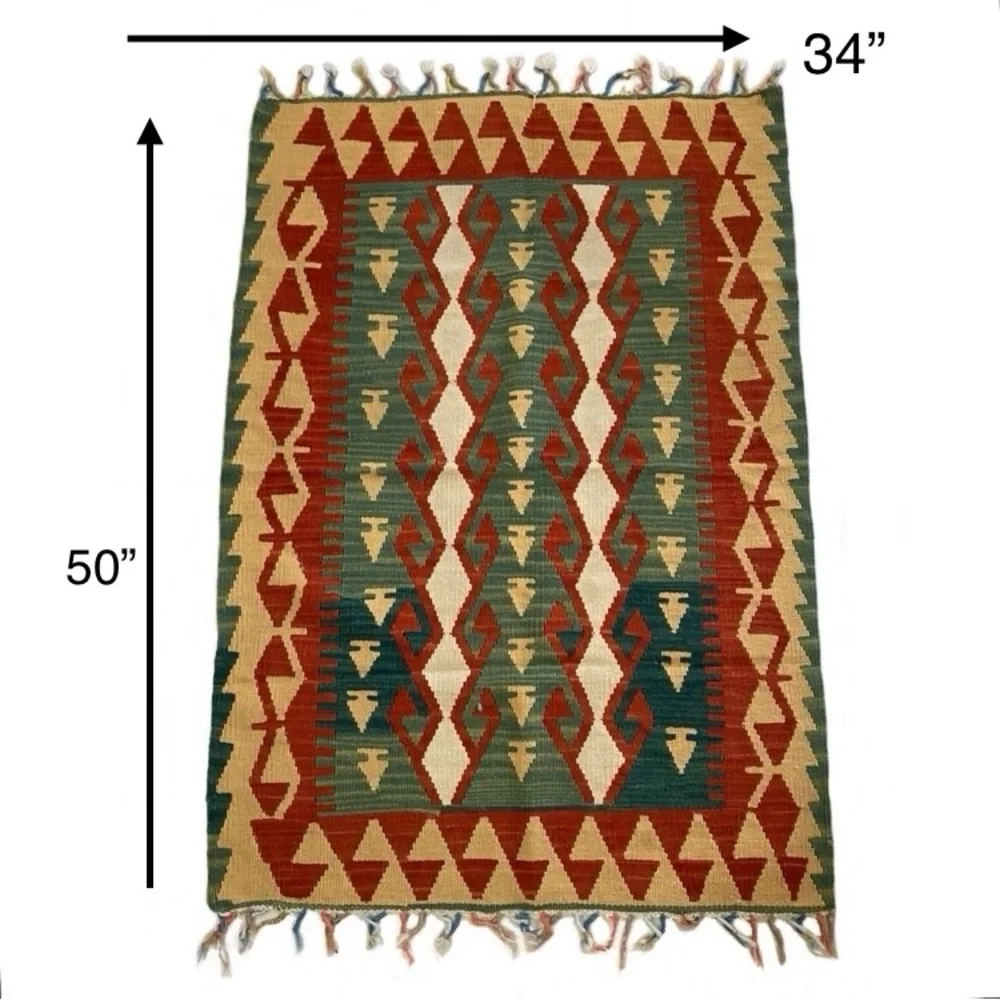 Vintage Bohemian Aztec Kilim Rug Wall Tapestry Accent Rug 50”X34”